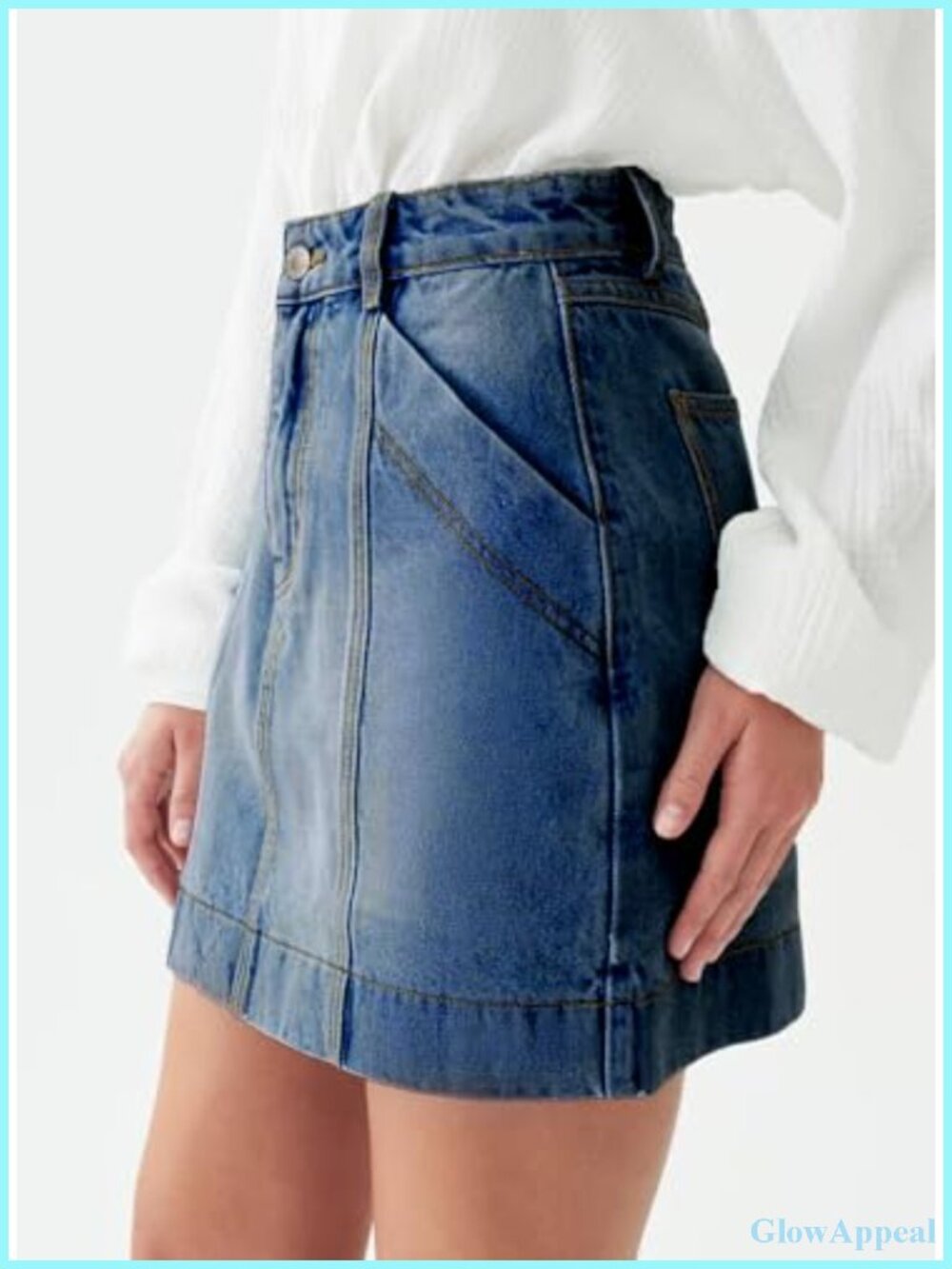 High Waisted Front Seam Mini Denim Skirt with Pockets - Picture 3 of 6